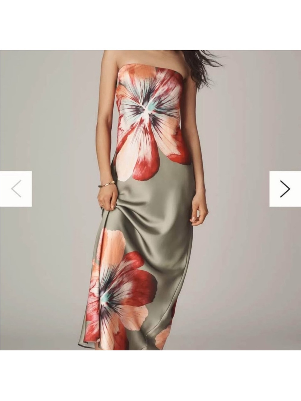 Anthropologie Strapless Floral Satin Maxi Dress in Olive and Coral Peach